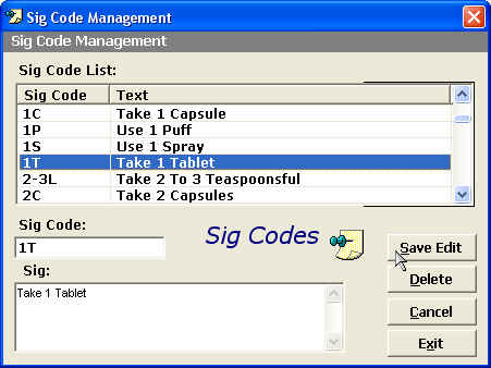  Sig Code management screen 